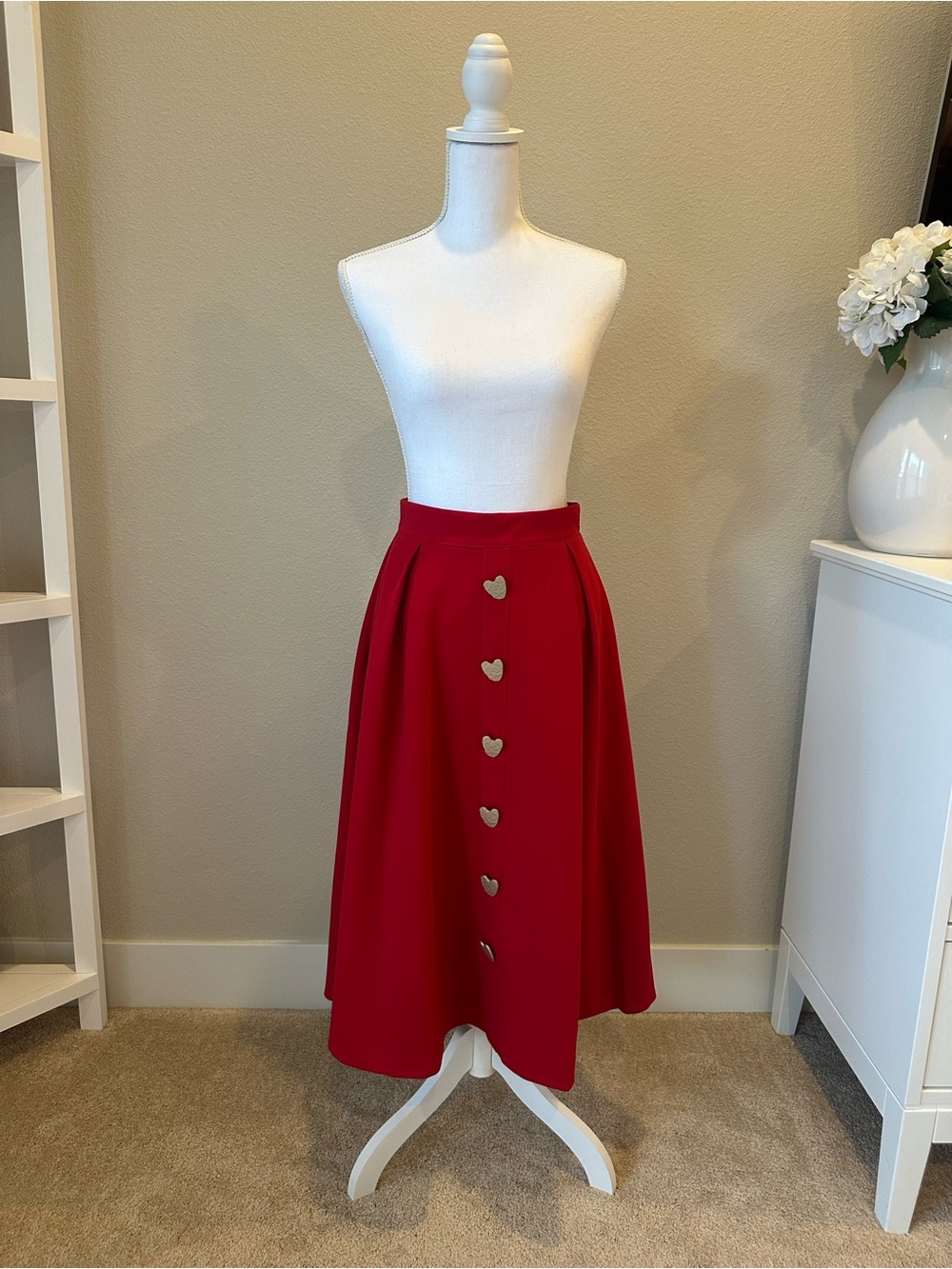 Chicwish Red Midi Skirt with Heart Buttons